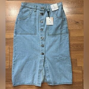 Front-Button Light Blue Denim Midi Skirt